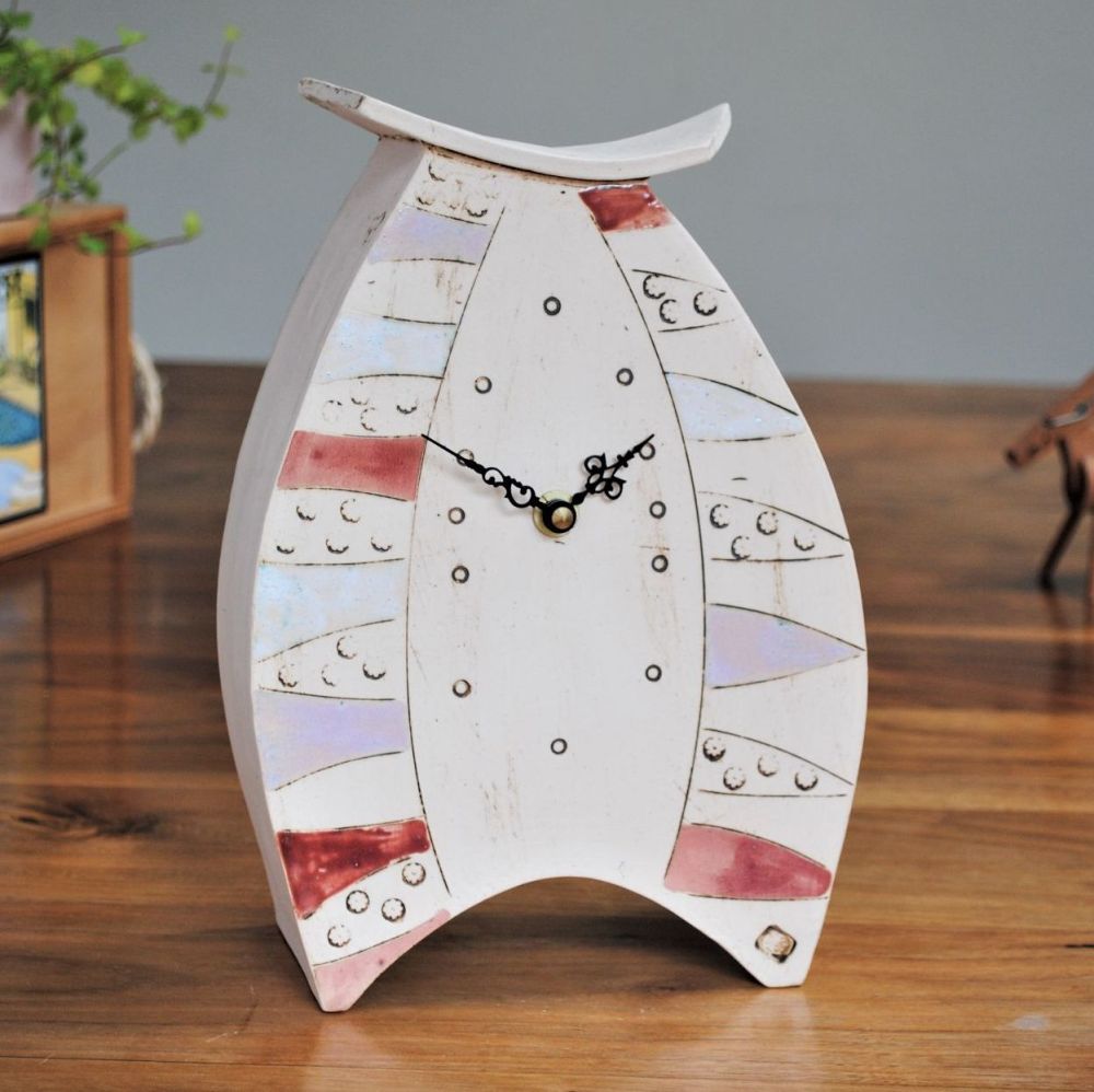 Large ceramic mantel clock, decorated red, pink and white colours and flowe