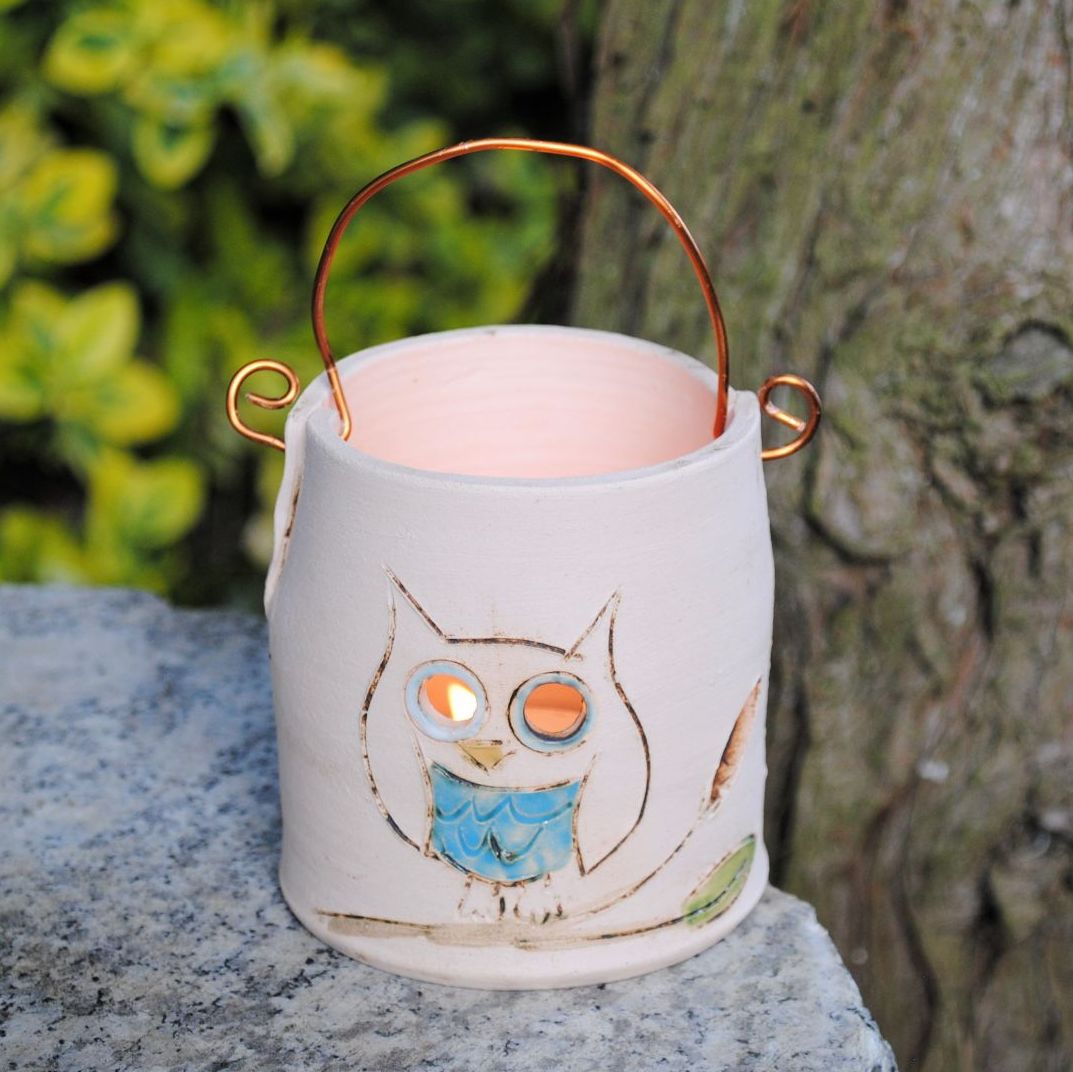 Blue owl tealight holder with copper wire hoop for hanging
