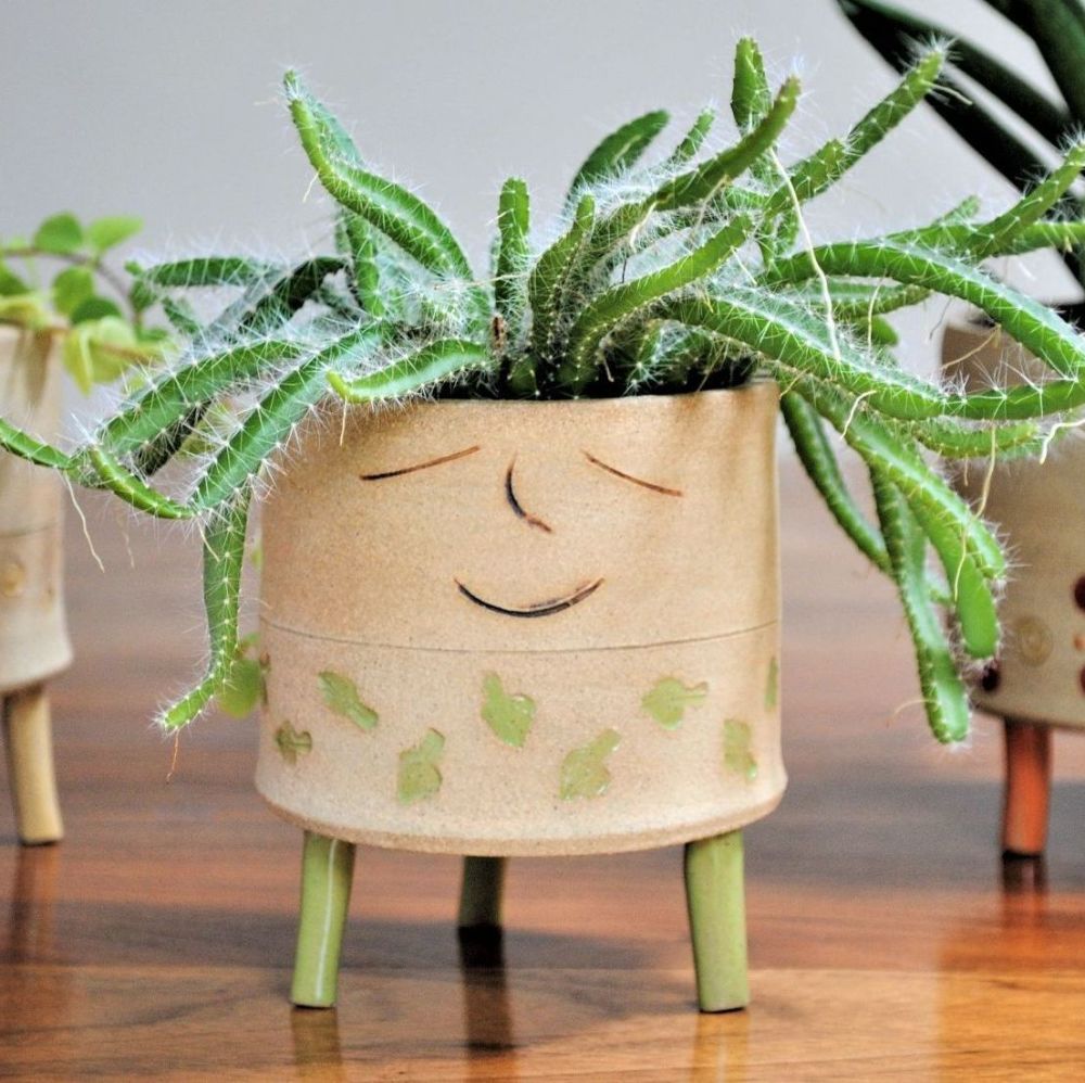 Ceramic tripod planter with leaves decor.