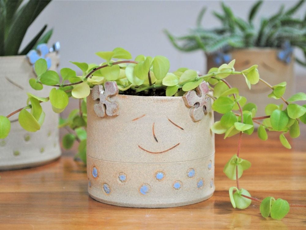 Planter decorated with pale pink Hydragena and blue flowers.