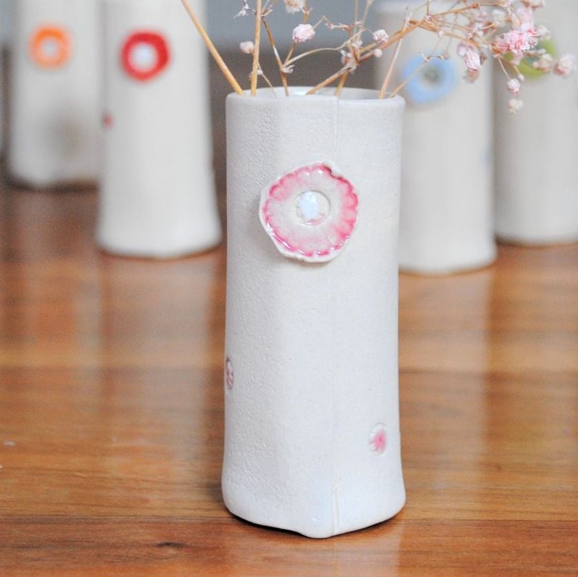 White and pink clay  stem vase.