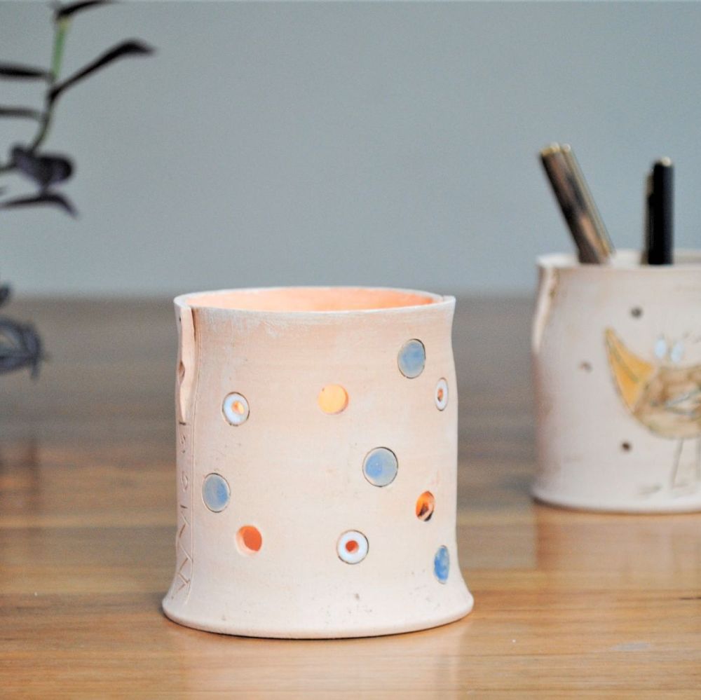 Pencil holder or Tealight holder with dots and spots.