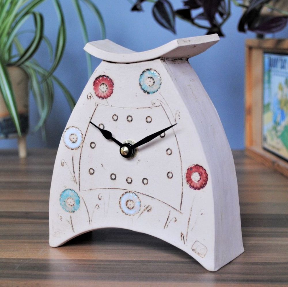 handmade Ceramic Mantle Clock, Flower Pattern