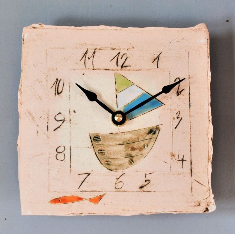 Handmade ceramic wall clock with fisha and boat quare 