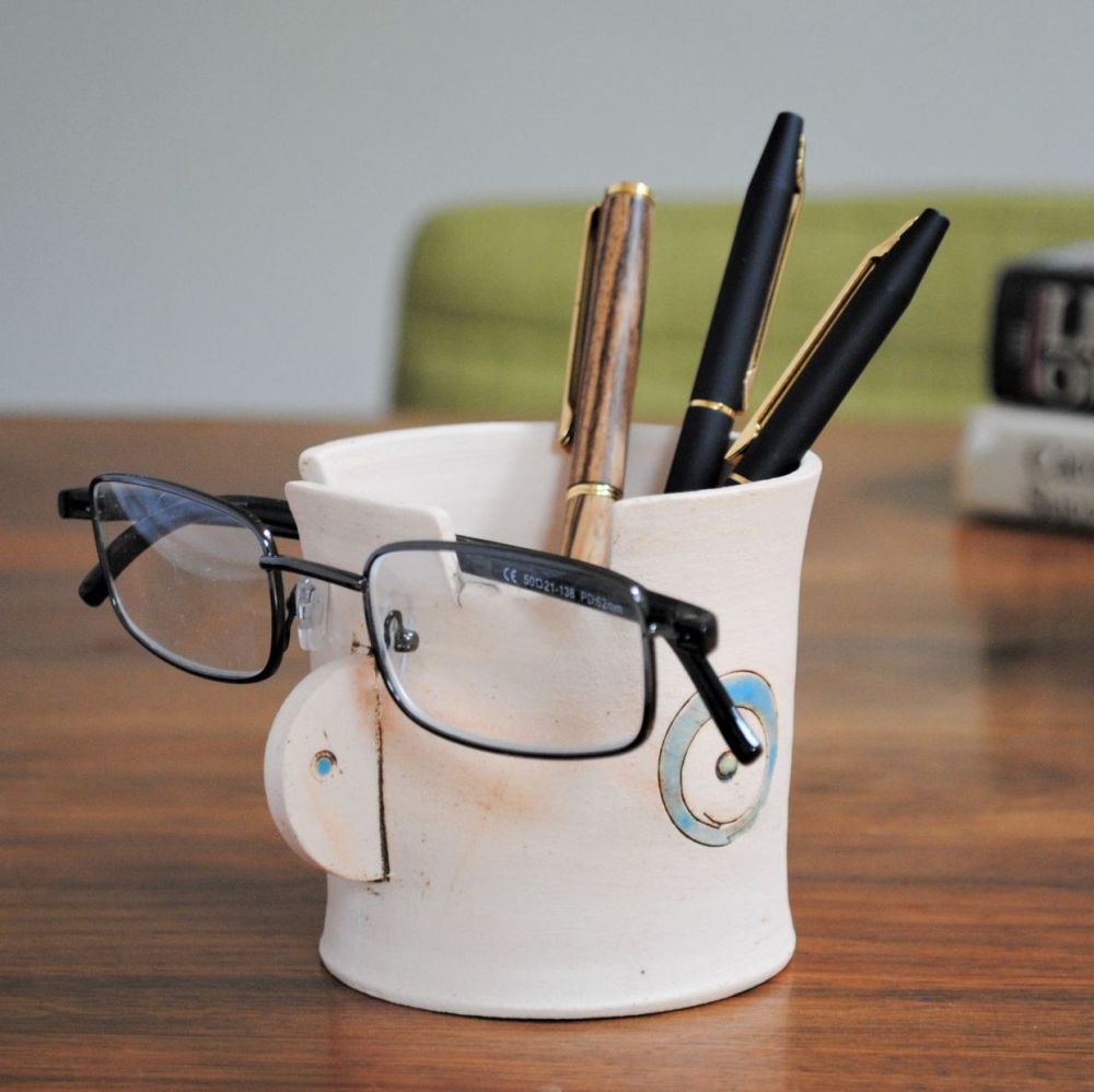 Handmade from white clay, glasses & pencil holder  blue and green