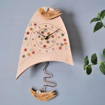 Ceramic pendulum wall clock - Small "Bird and meadow"