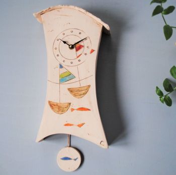 Ceramic wall clock with pendulum "Boats and fish"