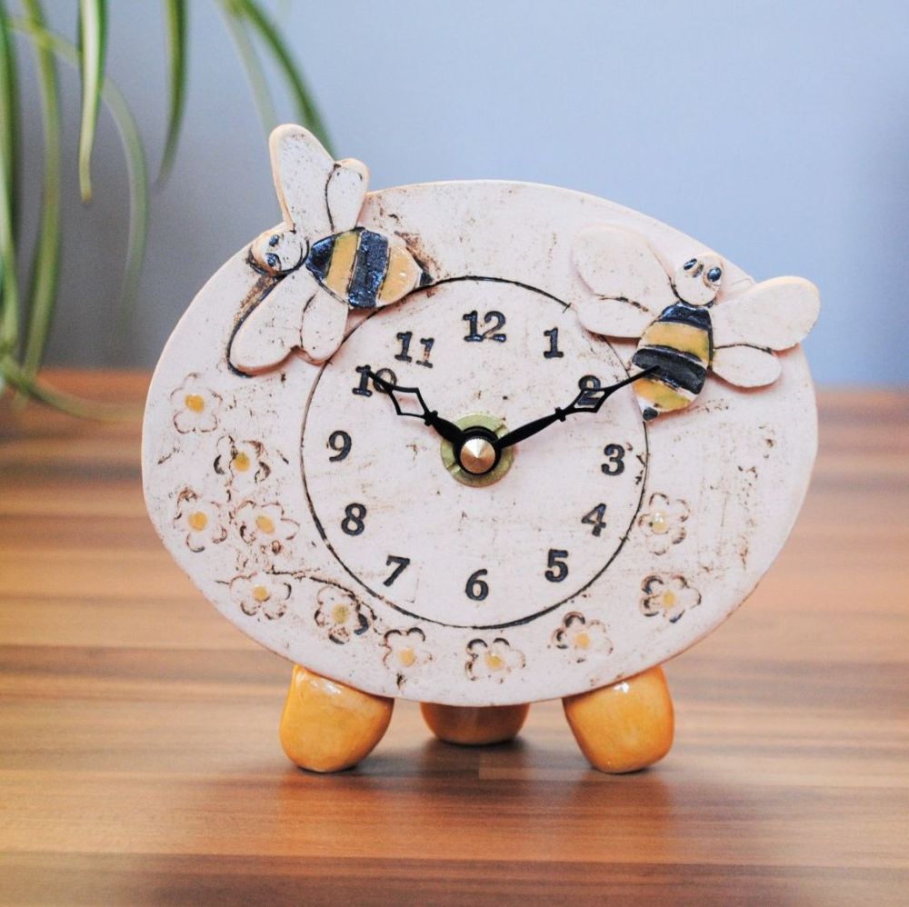 Bee handmade ceramic clock pebble feet 