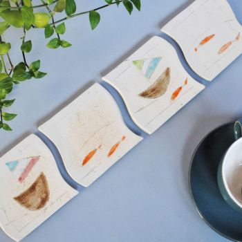 Four coasters one picture set "Boat & fish"
