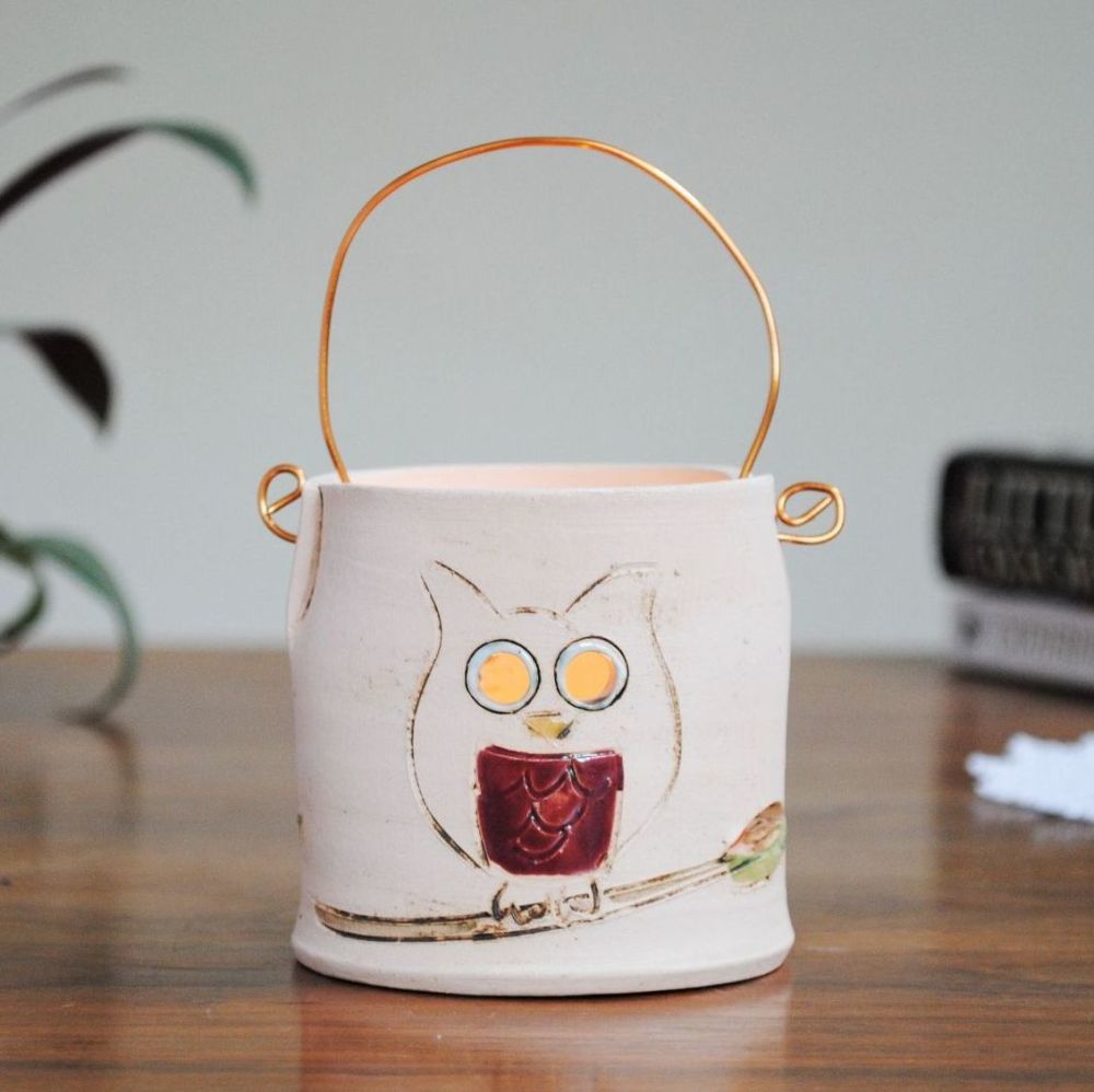 Handmade owl tea light holder.