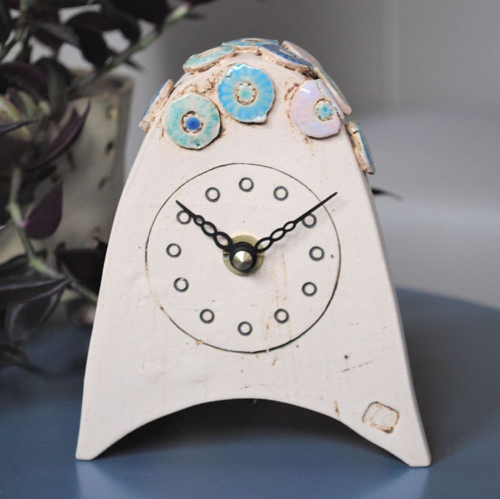 Ceramic mantel clock  small rounded "Blue flowers"