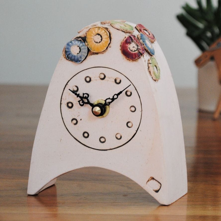 Ceramic mantel clock  small rounded "Bright coloured flowers"