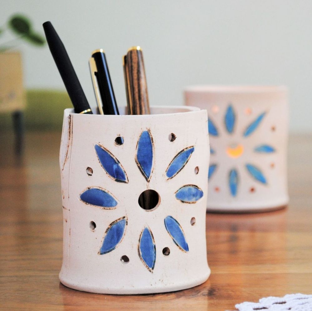 Pencil or Tealight holder - Blue flowers