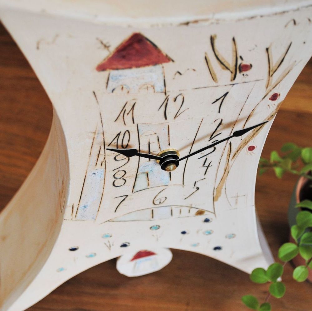 Ceramic mantel clock - Large with Pendulum "House & tree"