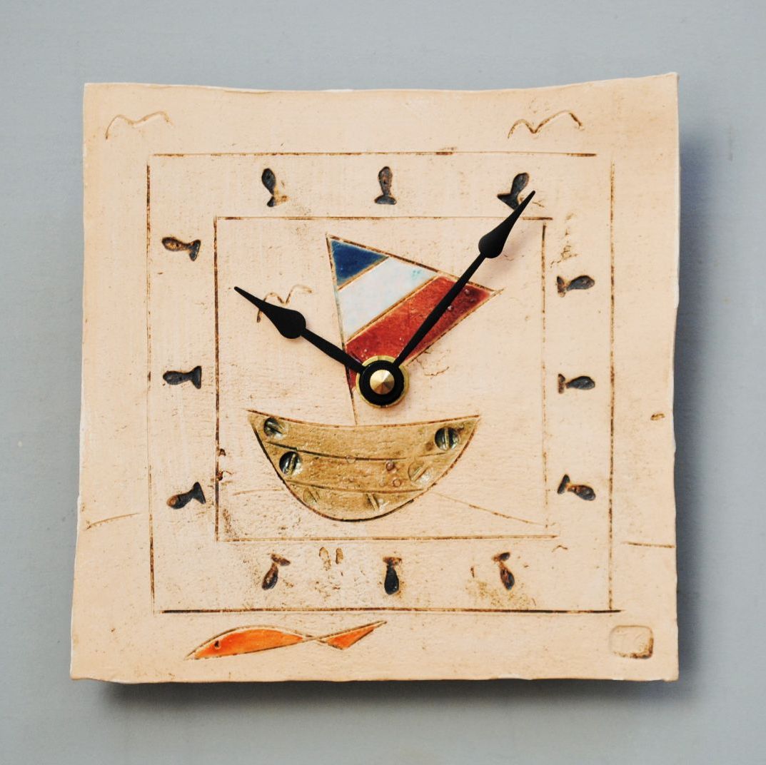 Ceramic wall clock square "Sailing boat and fish"