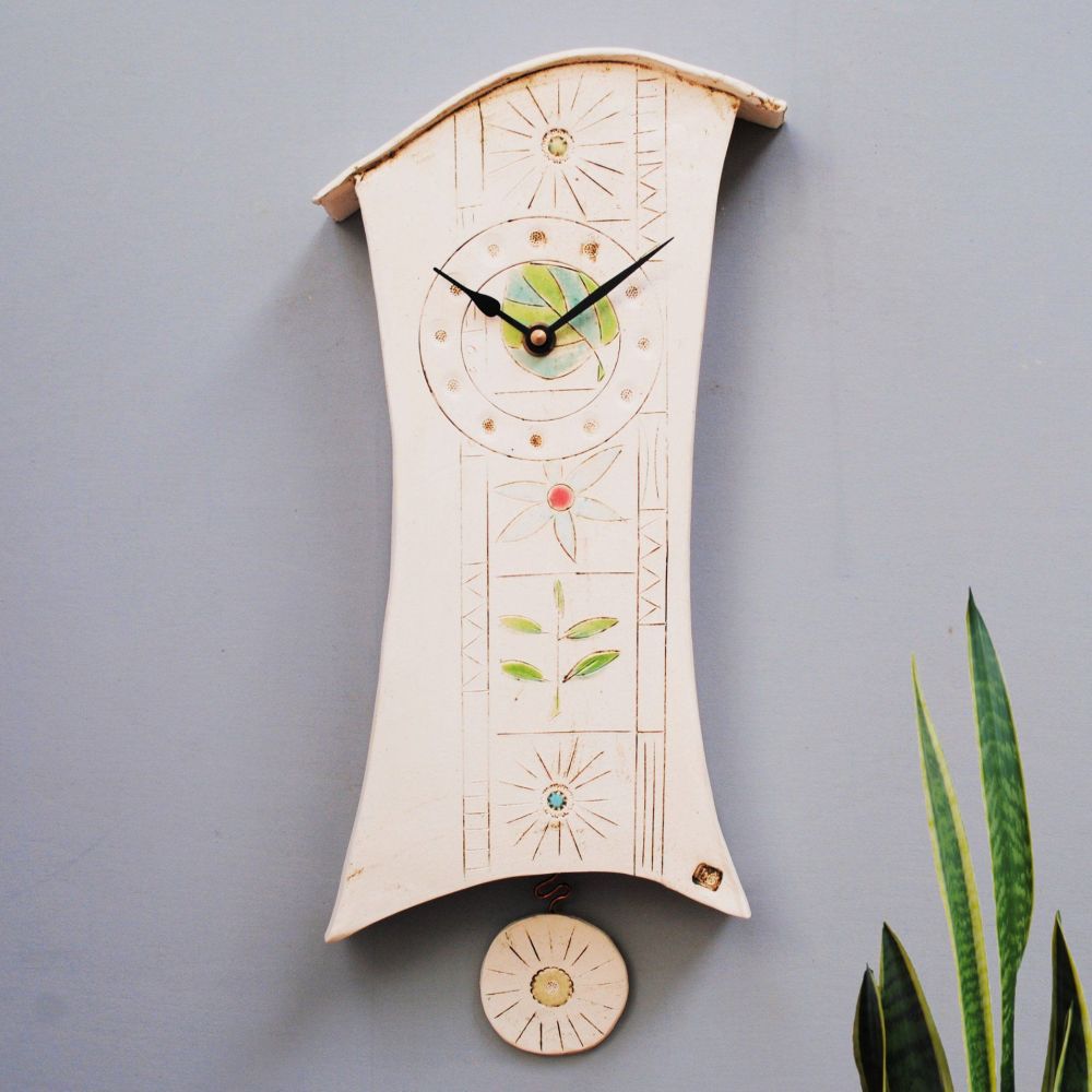 Ceramic wall clock with pendulum "Flowers & Leaves"