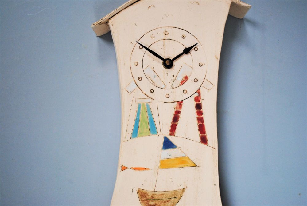 Ceramic wall clock with pendulum "Beach huts and boat"
