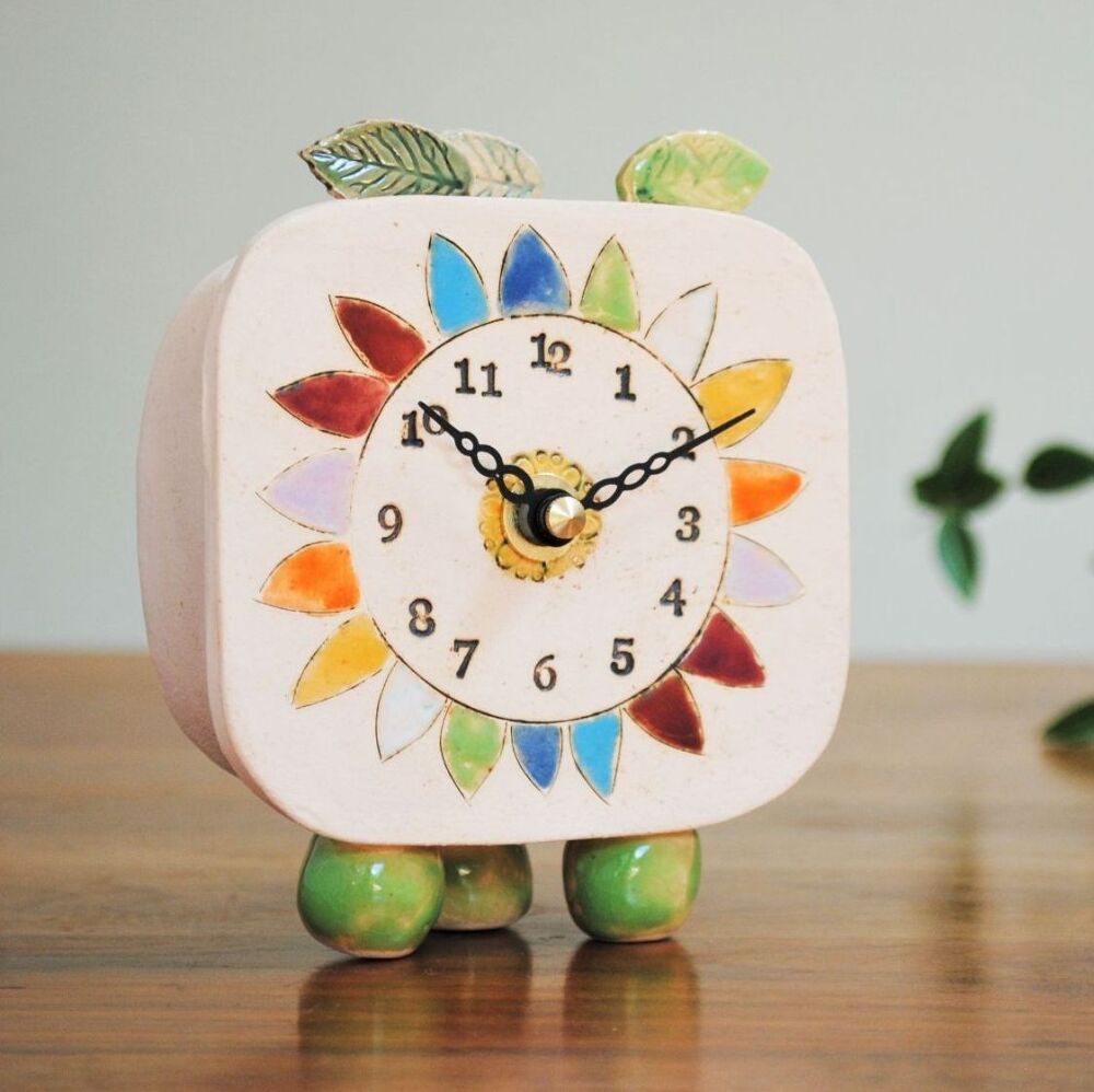 Ceramic clock pebble feet "Rainbow coloured flower petals"