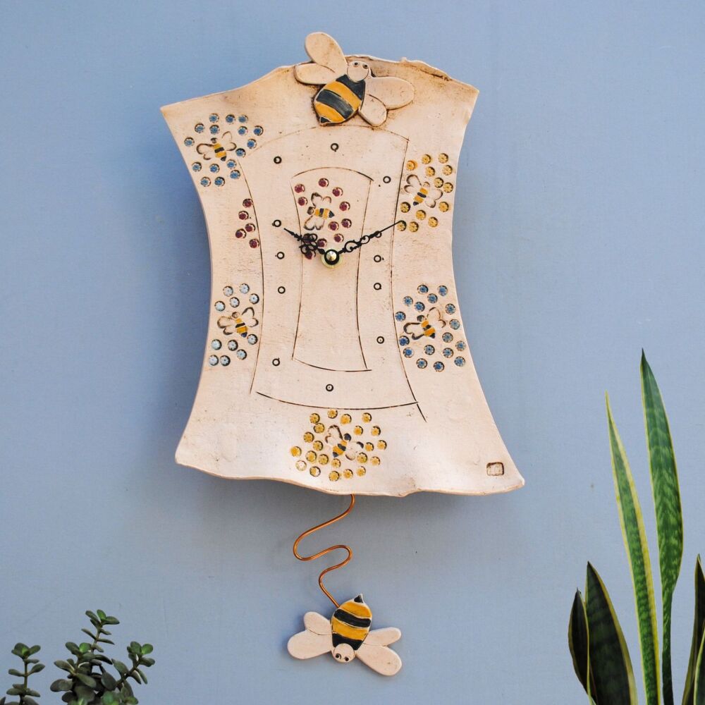 Ceramic pendulum wall clock "Bumblebees and flowers"