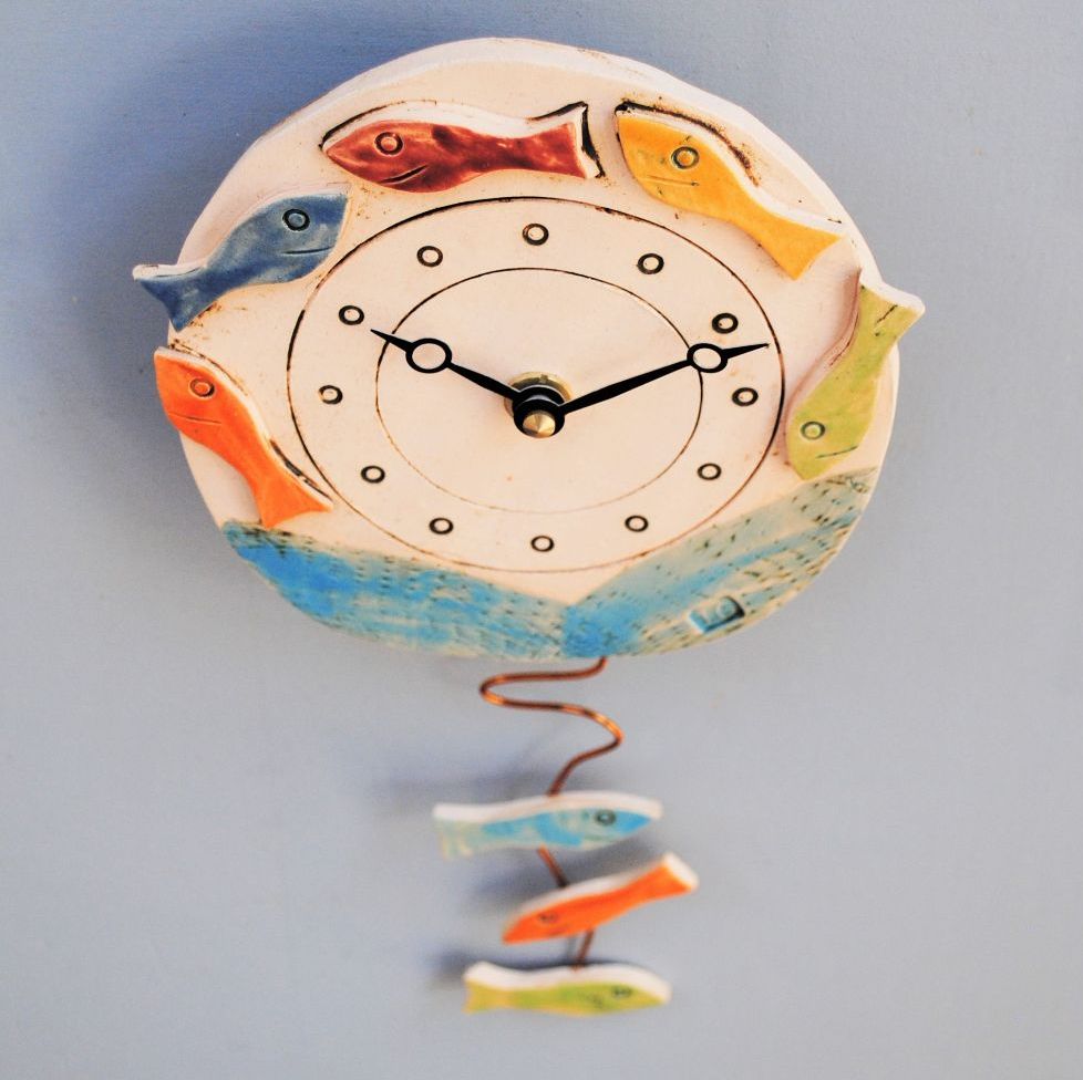 Ceramic pendulum wall clock - Round "Fish shoal"