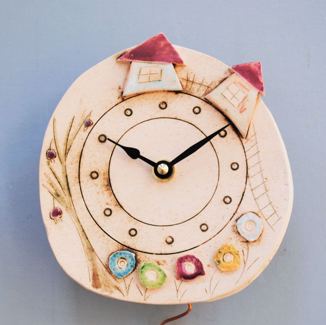 Ceramic pendulum wall clock - Round "Cottages"