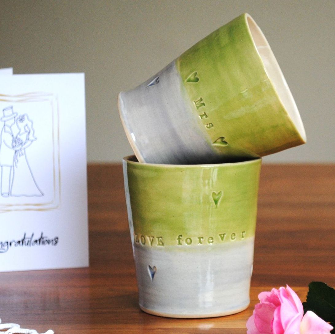 Mr & Mrs Wedding Gift - Tumbler mug (green & purple)