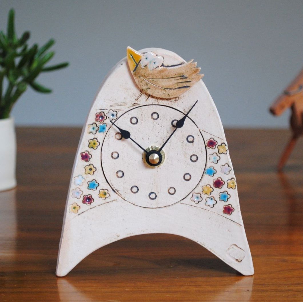 Ceramic mantel clock  small rounded "Brown bird & colourful meadow"