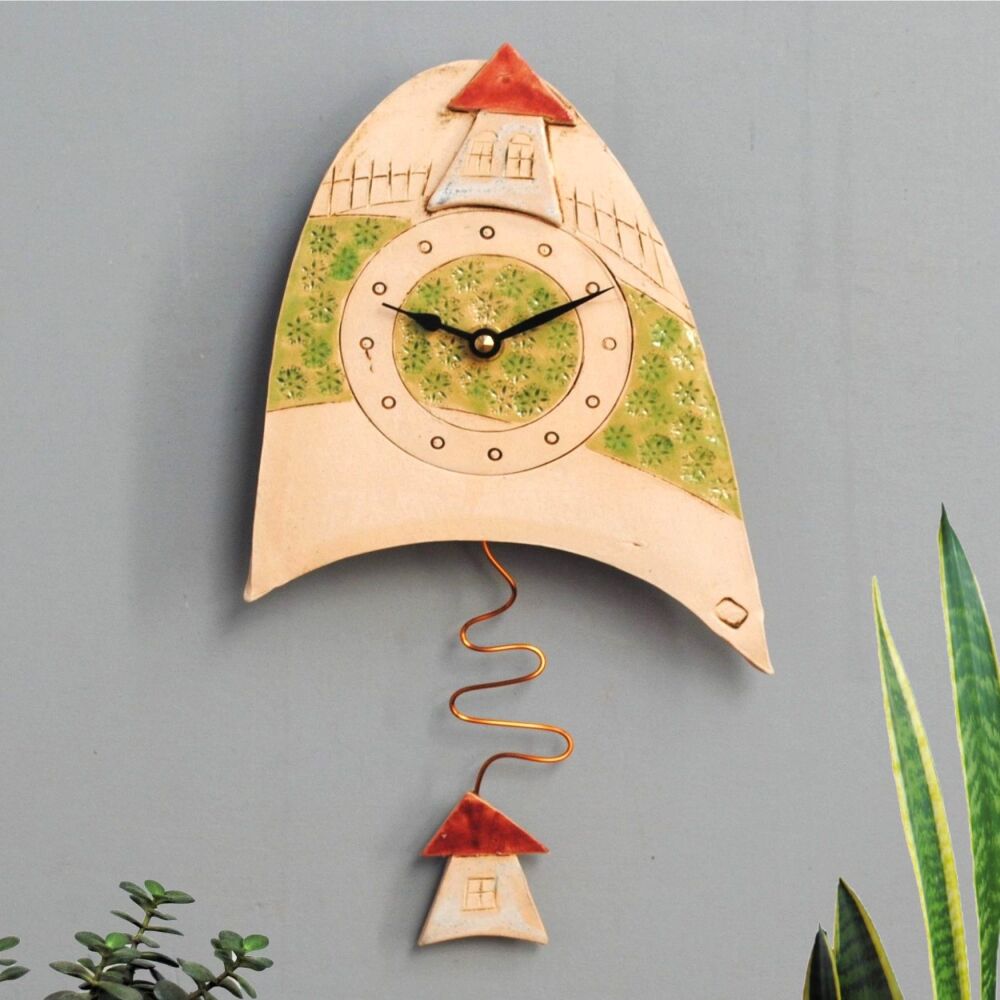 Green meadow and hosue ceramic handmad wall clock.