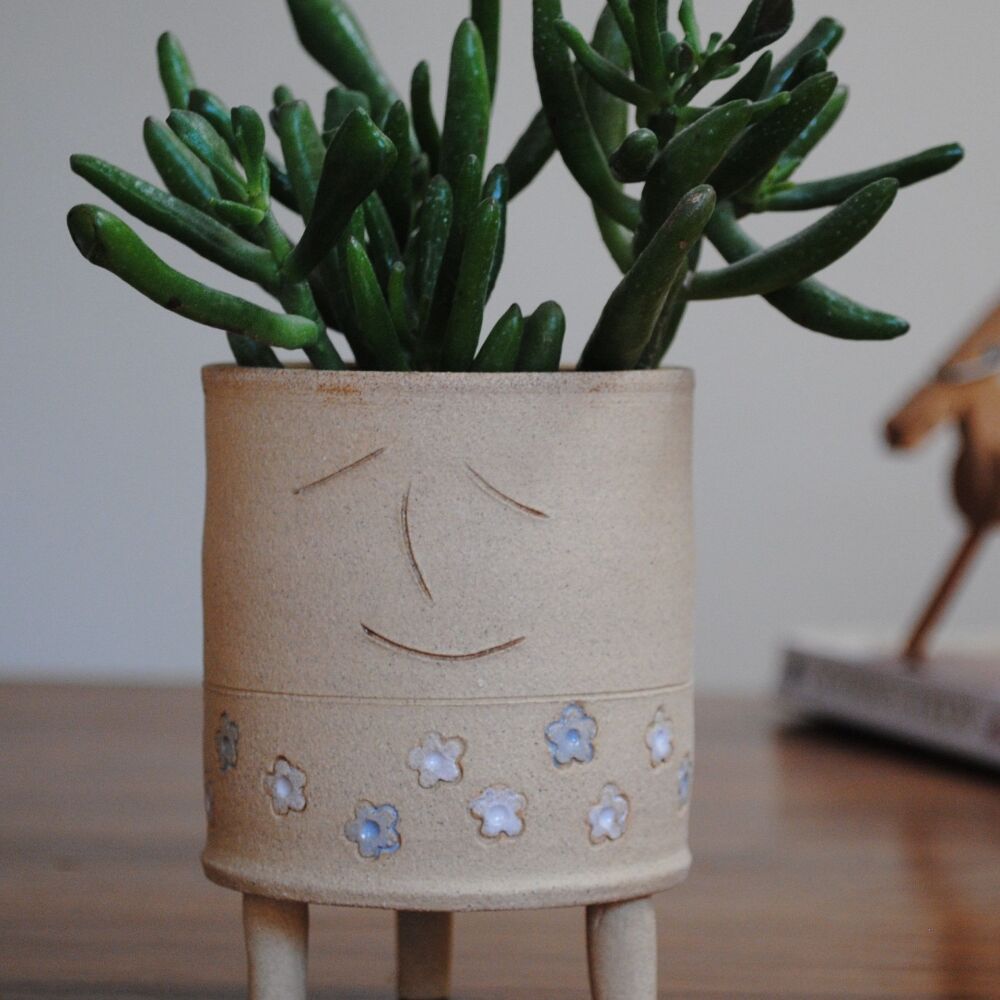 Ceramic tripod planter - flowers in white and blue