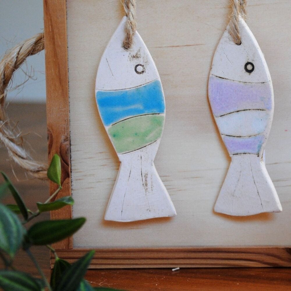 Set of 3 hanging fish in blues