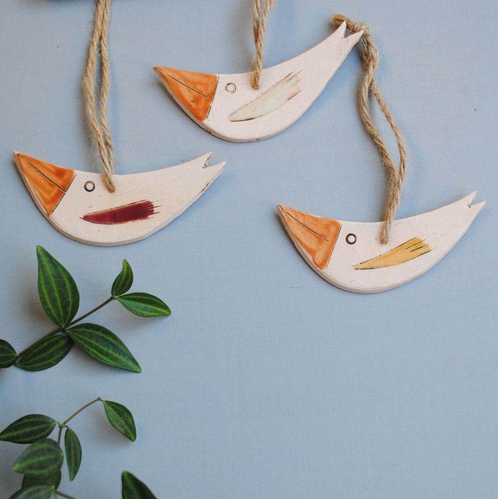 Set of 3 hanging birds in red and orange