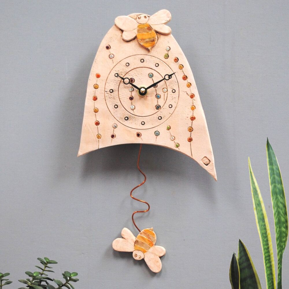 Ceramic pendulum wall clock - Small "Bee and meadows"