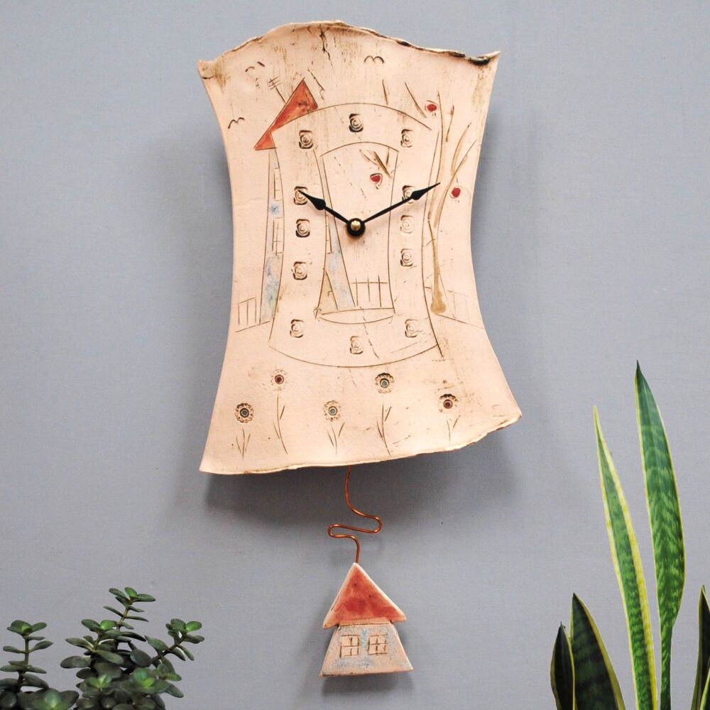 Ceramic pendulum wall clock "House and tree"