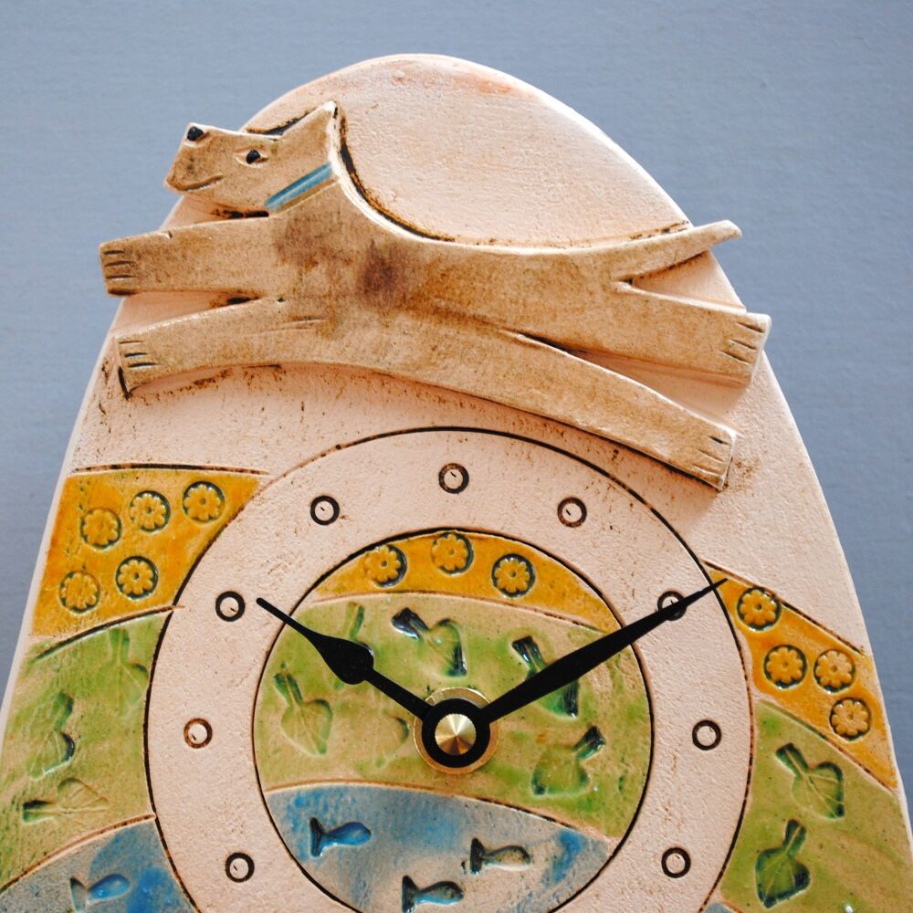 Ceramic pendulum wall clock - Small "Dog, sea, meadow "