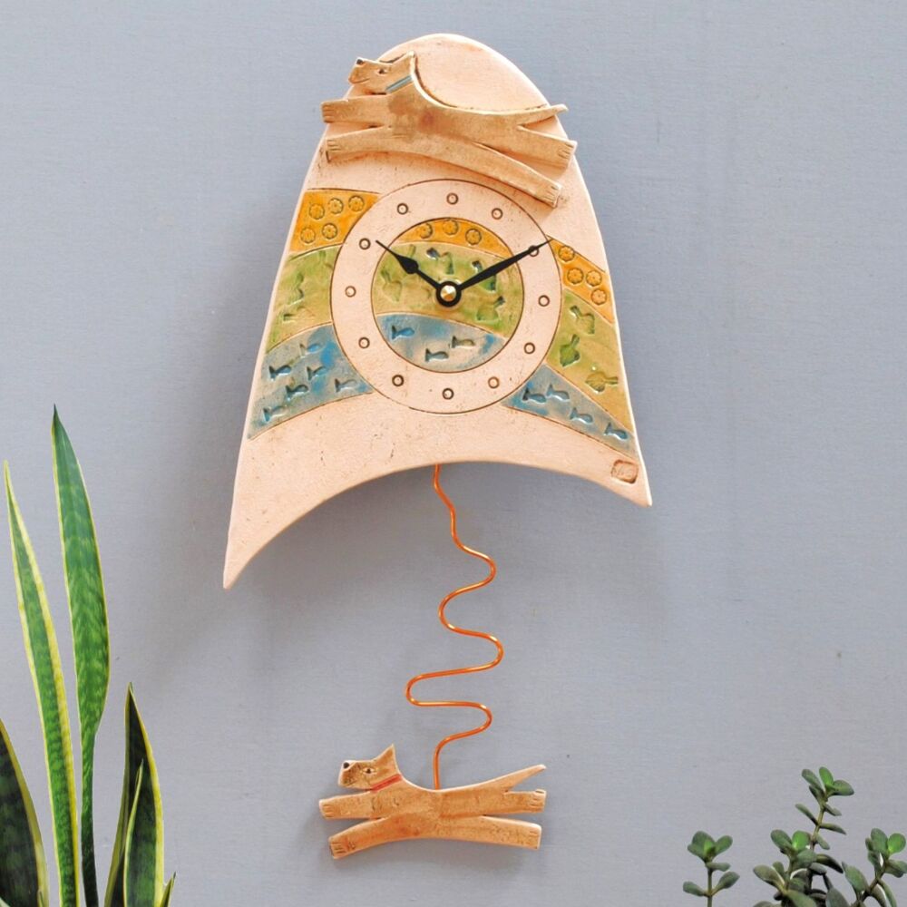 Ceramic pendulum wall clock - Small "Dog, sea, meadow "