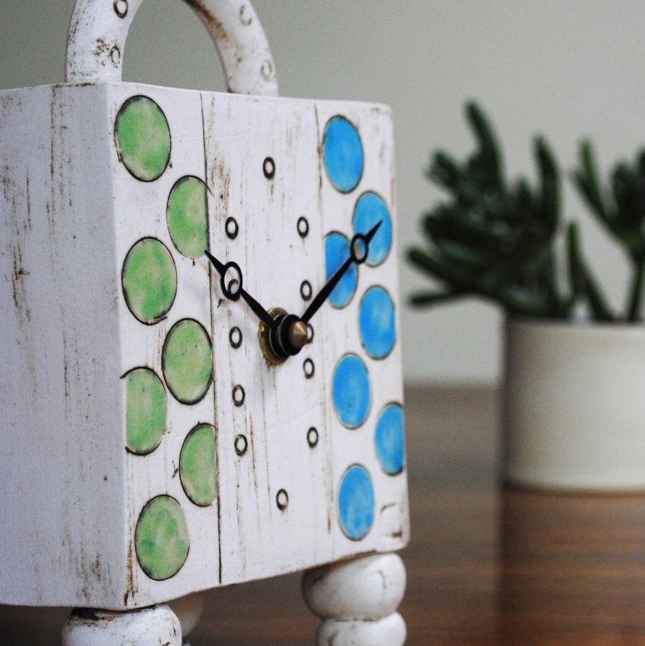 SALE. . . SALE . . . SALE . . .  from £96 . . . ceramic mantel feet & handle clock  "Dots"