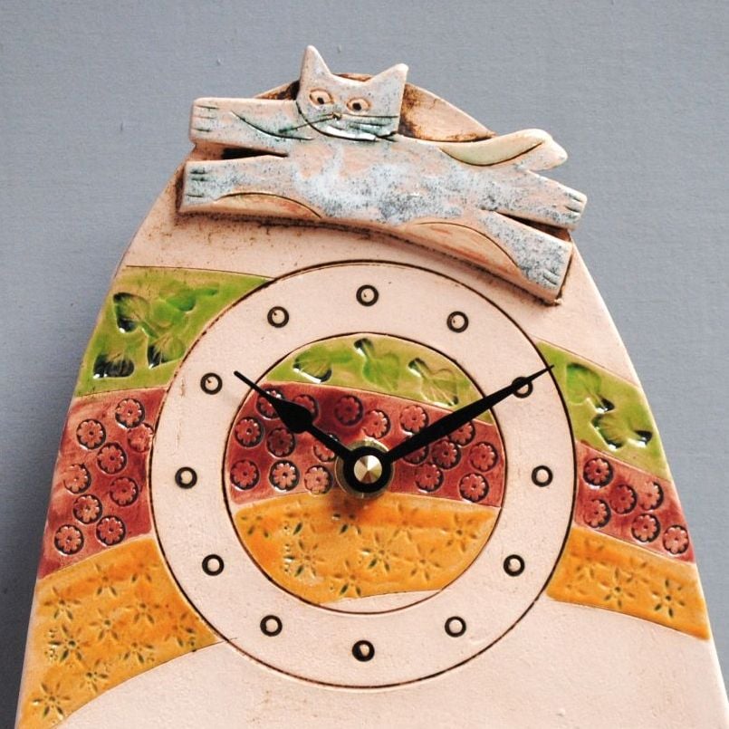 Ceramic pendulum wall clock - Small "Cat and meadow "