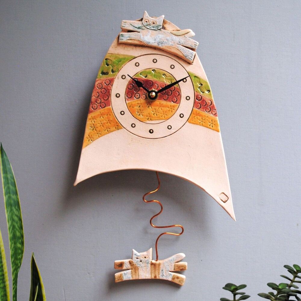 Ceramic pendulum wall clock - Small "Cat and meadow "