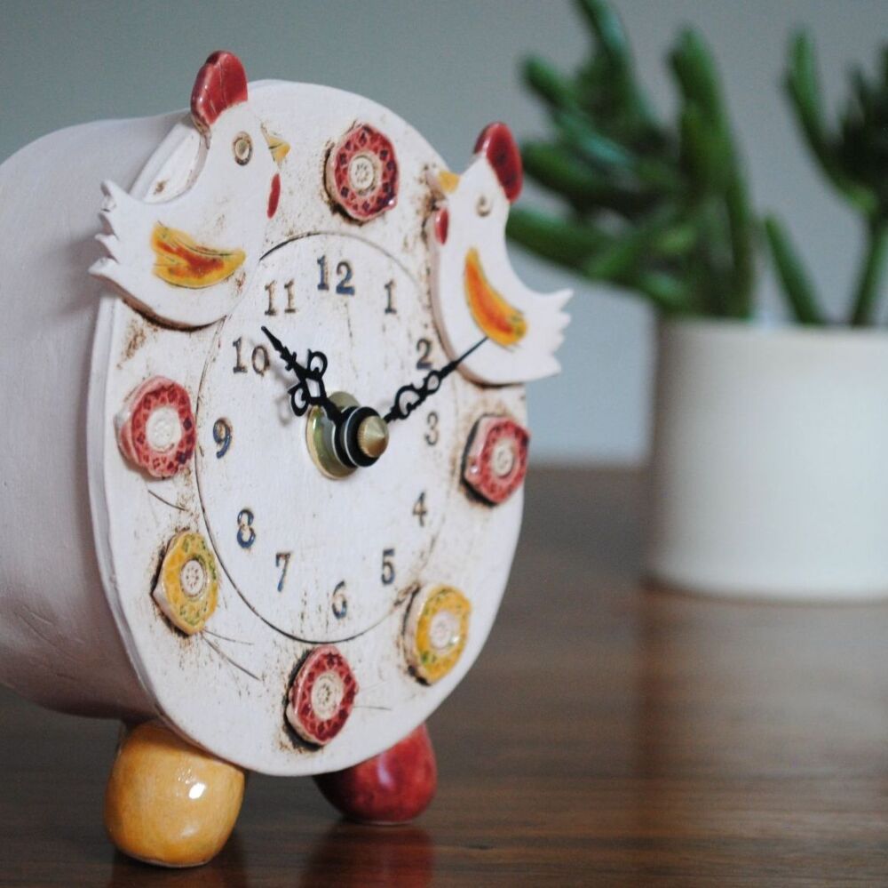 Ceramic clock pebble feet "Chicken Hen Cockerel"