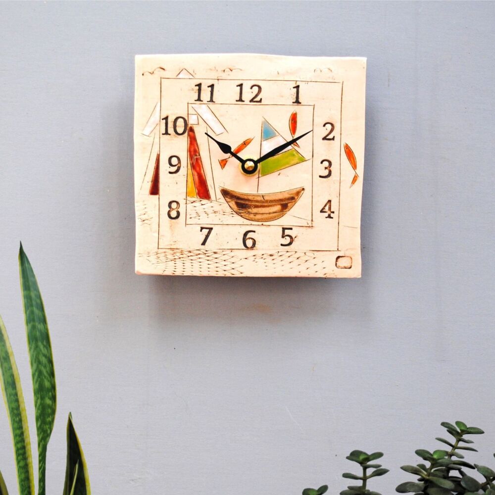 Ceramic wall clock square "Boat, beach hut, fish"