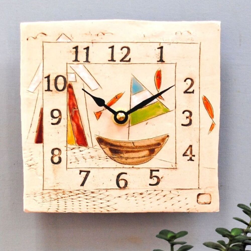 Ceramic wall clock square "Boat, beach hut, fish"