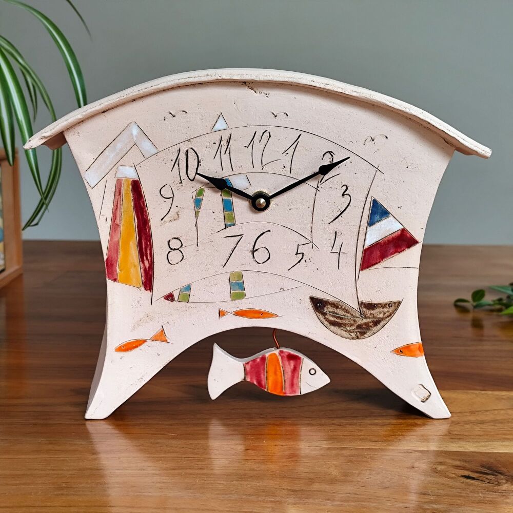 Ceramic mantel clock - Large with fish pendulum "Boats & huts"