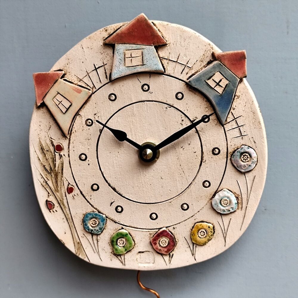 Ceramic pendulum wall clock - Round "Cottages"