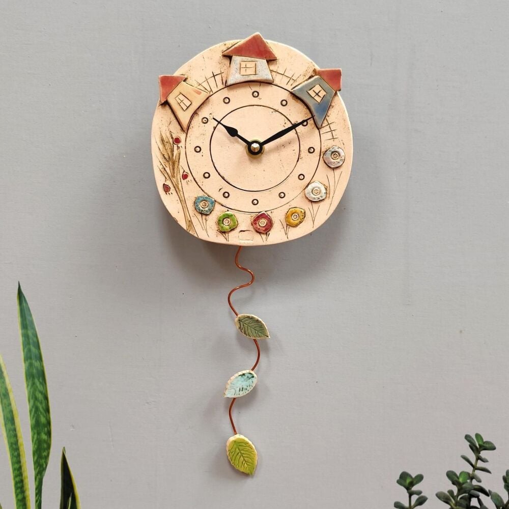 Ceramic pendulum wall clock - Round "Cottages"