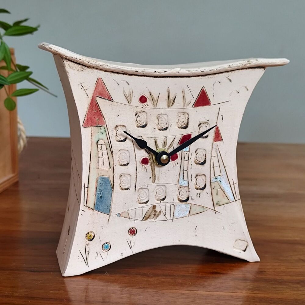 Ceramic mantel clock - Small "Houses and tree"