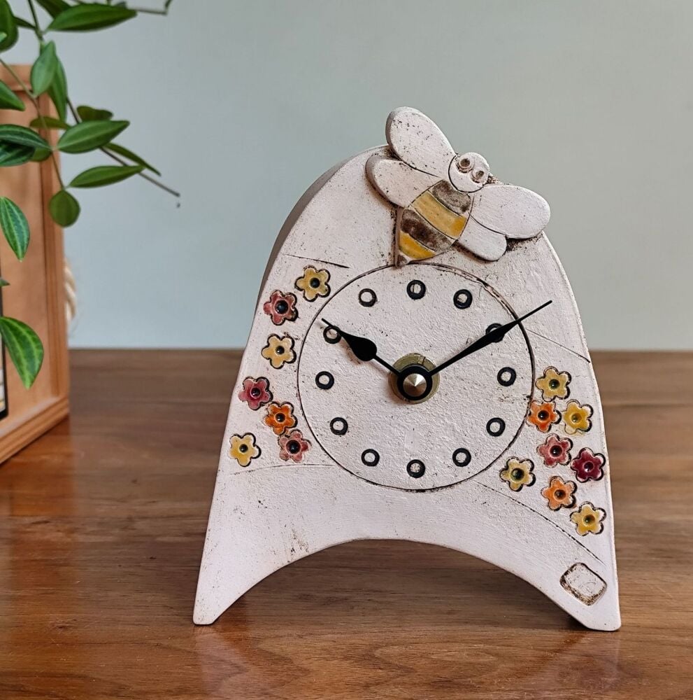 Ceramic mantel clock  small rounded "Bee with colourful meadow"