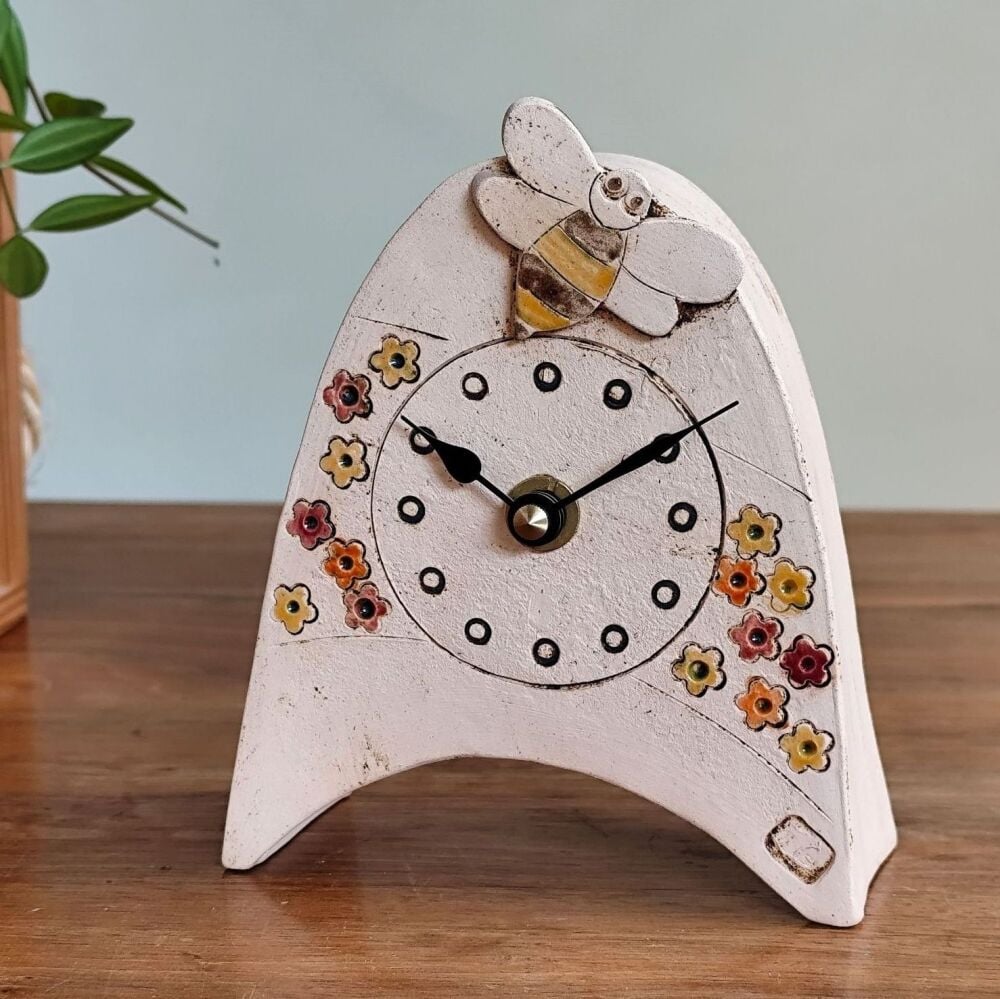 Ceramic mantel clock  small rounded "Bee with colourful meadow"