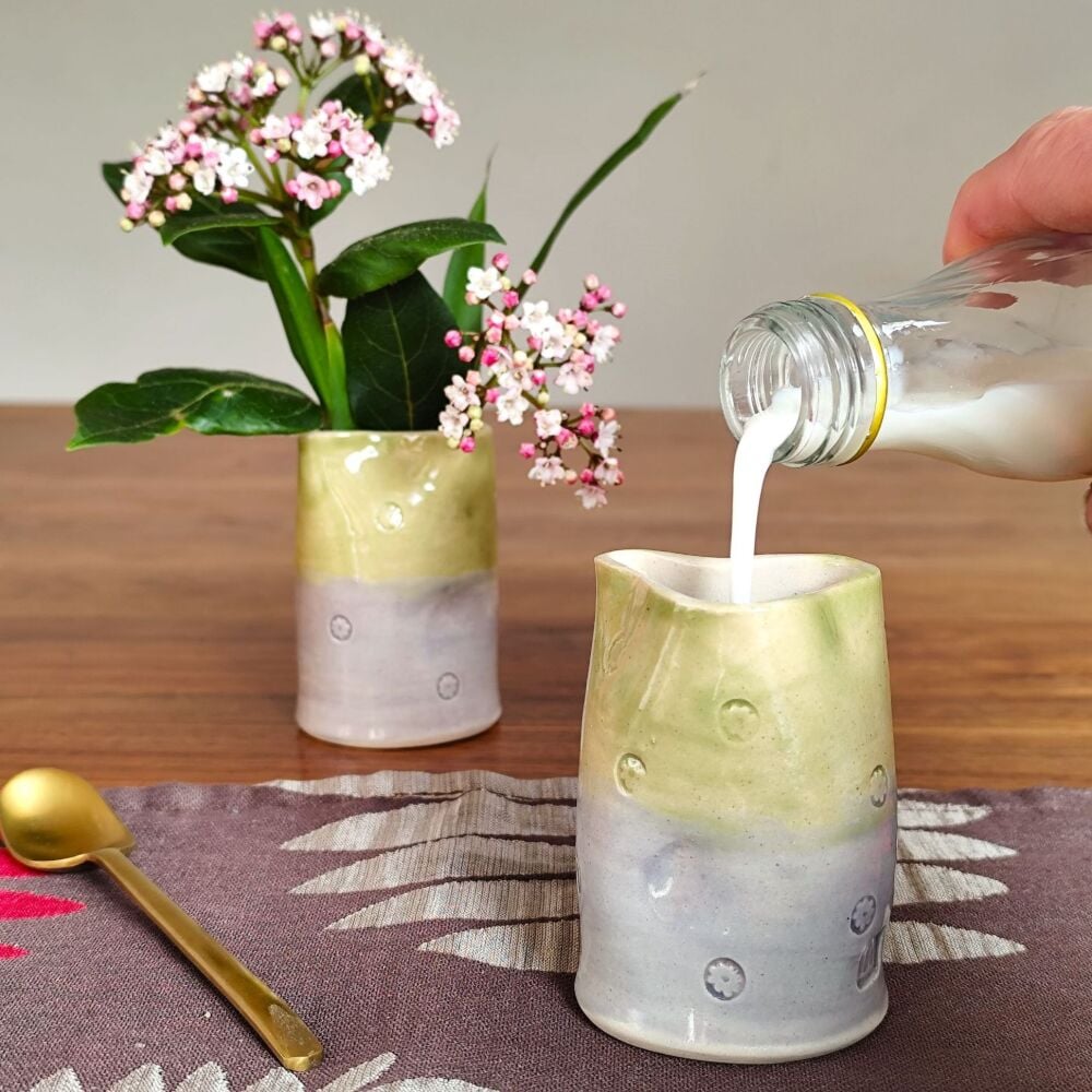 Heart shaped jug in lime green and lavender.