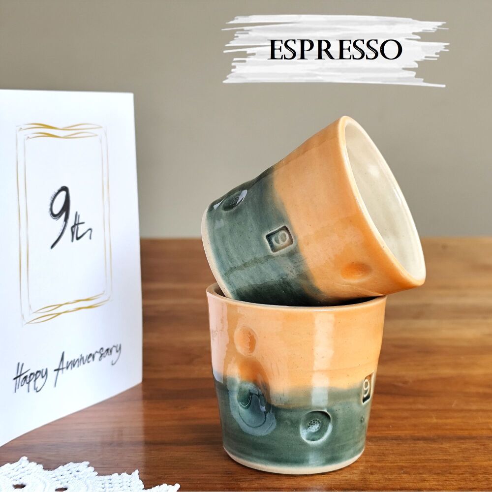 9th Pottery Wedding Anniversary Espresso Tumbler With Dimples (orange & grey)