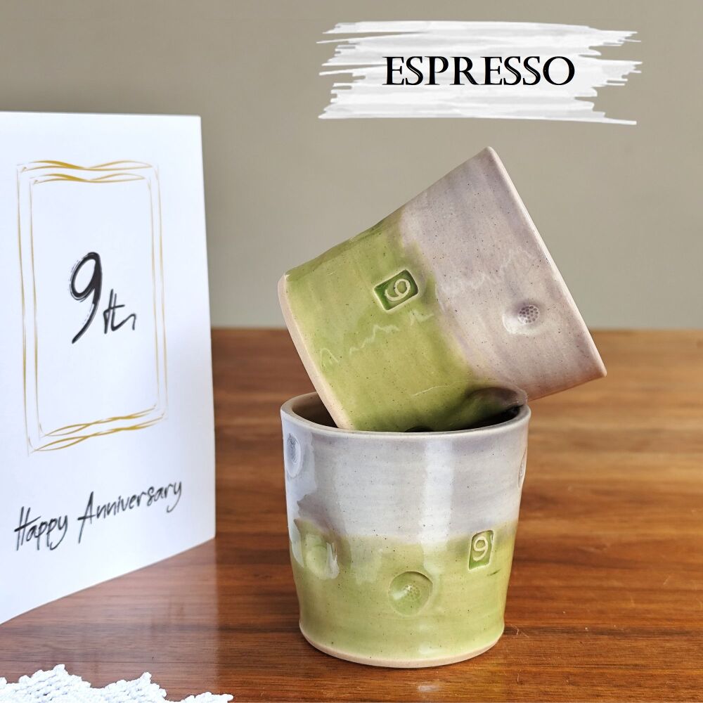 9th Pottery Wedding Anniversary Espresso Tumbler With Dimples (purple & green))